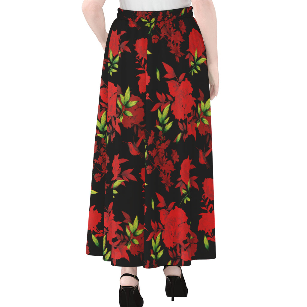Black And Red Roses Floral Print Chiffon Maxi Skirt