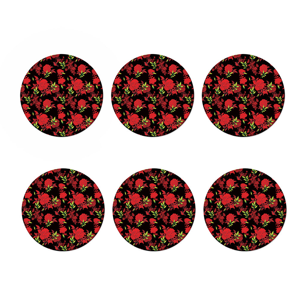 Black And Red Roses Floral Print Coaster Set