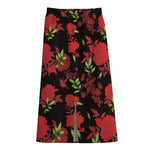Black And Red Roses Floral Print Cotton Front Slit Maxi Skirt