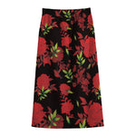 Black And Red Roses Floral Print Cotton Front Slit Maxi Skirt