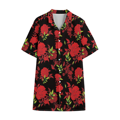 Black And Red Roses Floral Print Cotton Hawaiian Shirt