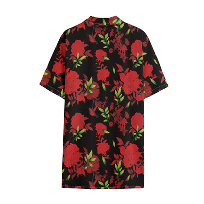 Black And Red Roses Floral Print Cotton Hawaiian Shirt