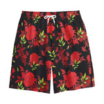 Black And Red Roses Floral Print Cotton Shorts