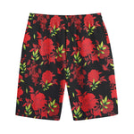 Black And Red Roses Floral Print Cotton Shorts