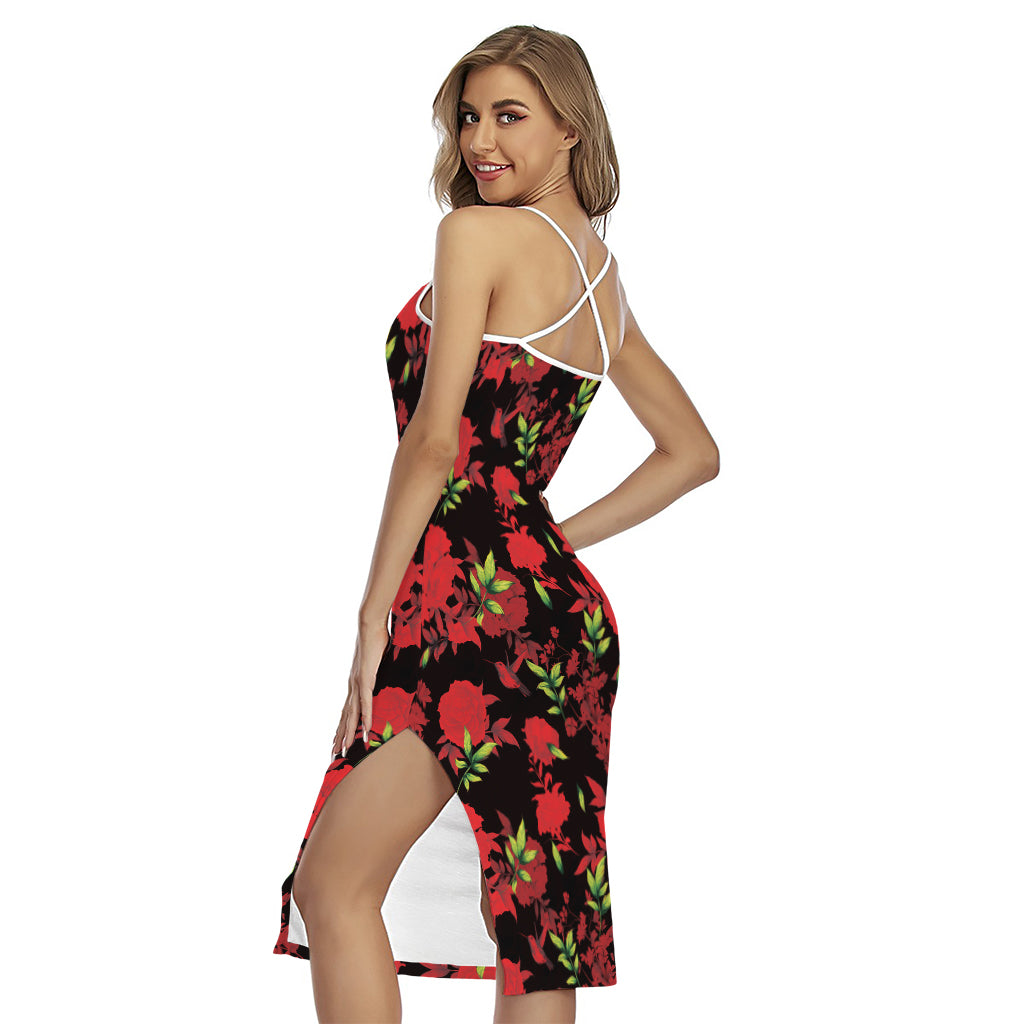 Black And Red Roses Floral Print Cross Back Cami Dress