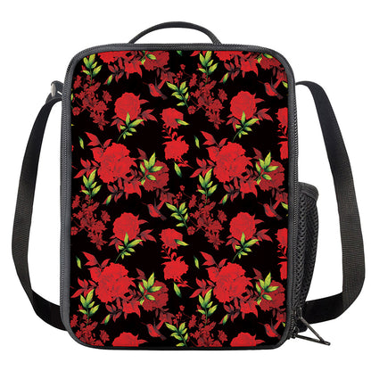 Black And Red Roses Floral Print Crossbody Lunch Bag