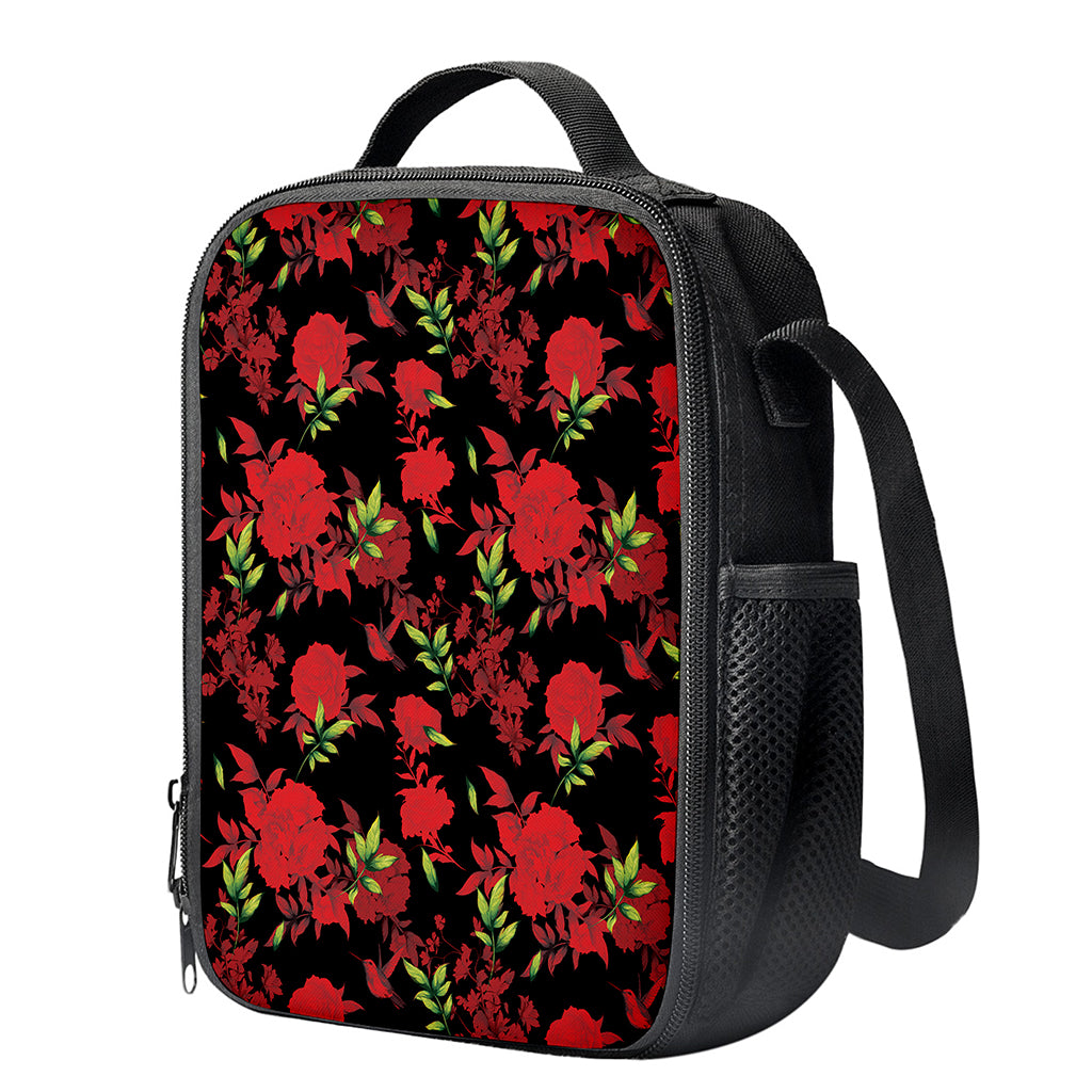 Black And Red Roses Floral Print Crossbody Lunch Bag