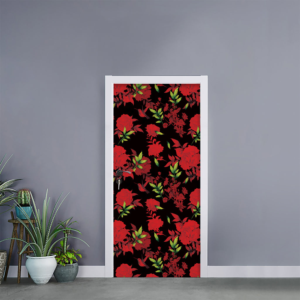 Black And Red Roses Floral Print Door Sticker
