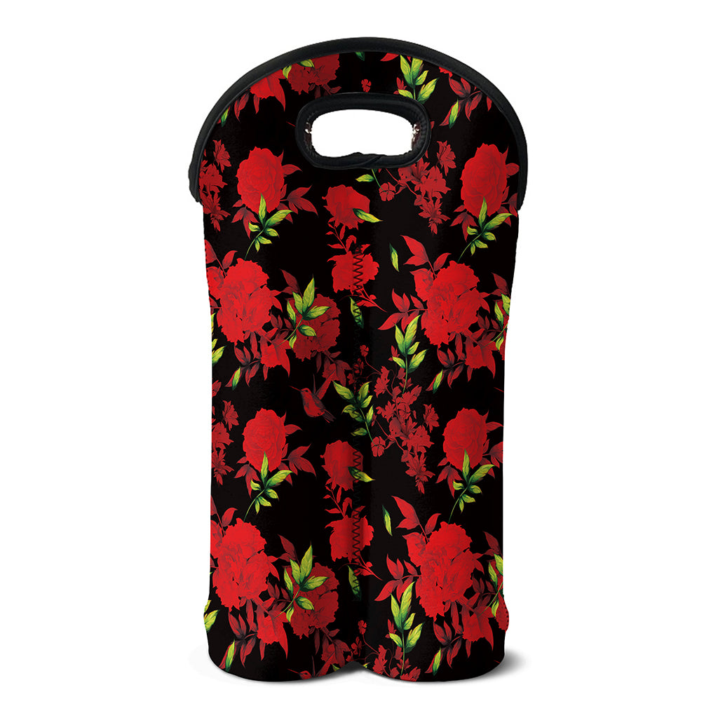 Black And Red Roses Floral Print Double Neoprene Wine Tote