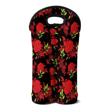 Black And Red Roses Floral Print Double Neoprene Wine Tote