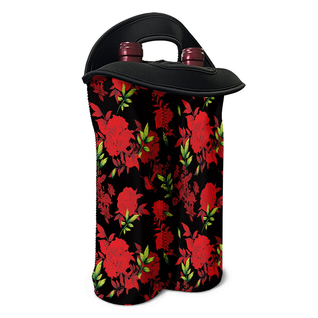 Black And Red Roses Floral Print Double Neoprene Wine Tote