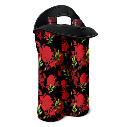 Black And Red Roses Floral Print Double Neoprene Wine Tote