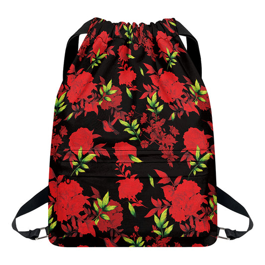 Black And Red Roses Floral Print Drawstring Backpack