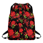 Black And Red Roses Floral Print Drawstring Backpack