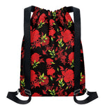 Black And Red Roses Floral Print Drawstring Backpack