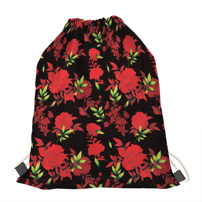 Black And Red Roses Floral Print Drawstring Bag