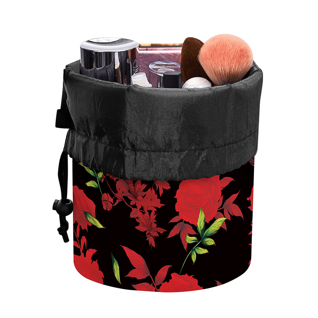 Black And Red Roses Floral Print Drawstring Makeup Bag