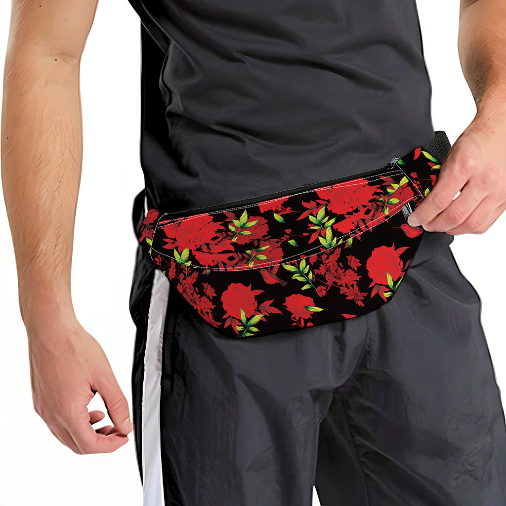Black And Red Roses Floral Print Fanny Pack