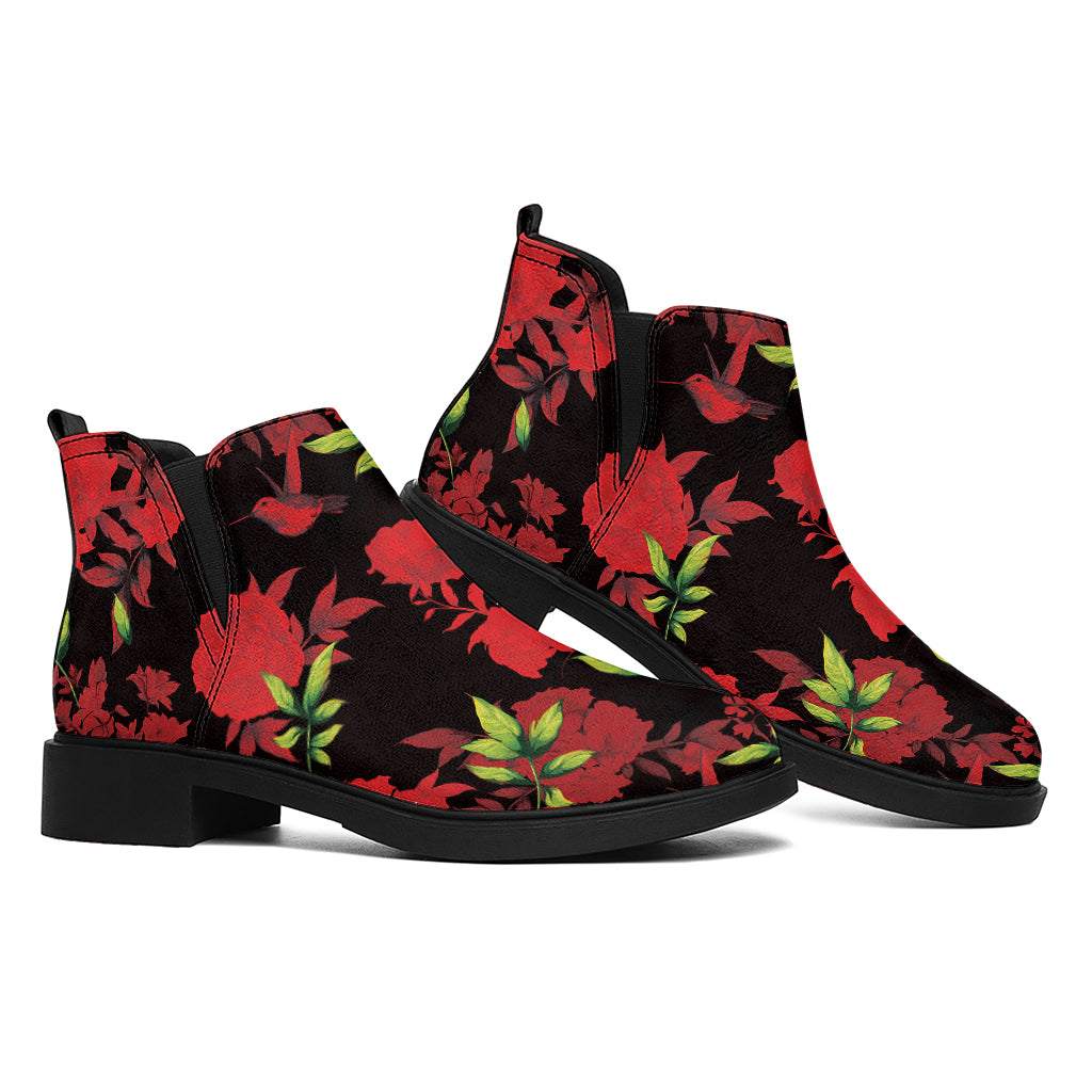 Black And Red Roses Floral Print Flat Ankle Boots