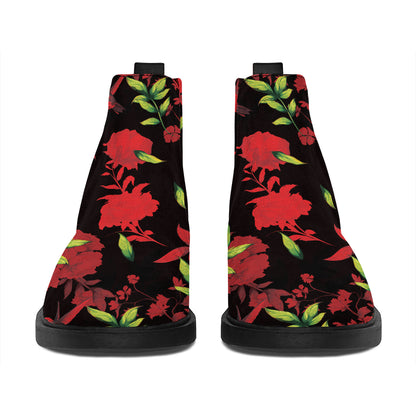 Black And Red Roses Floral Print Flat Ankle Boots