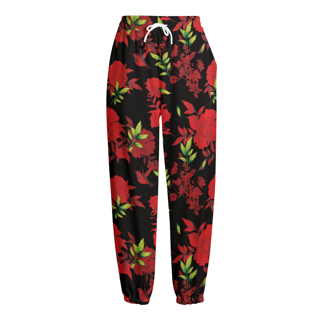 Black And Red Roses Floral Print Fleece Lined Knit Pants