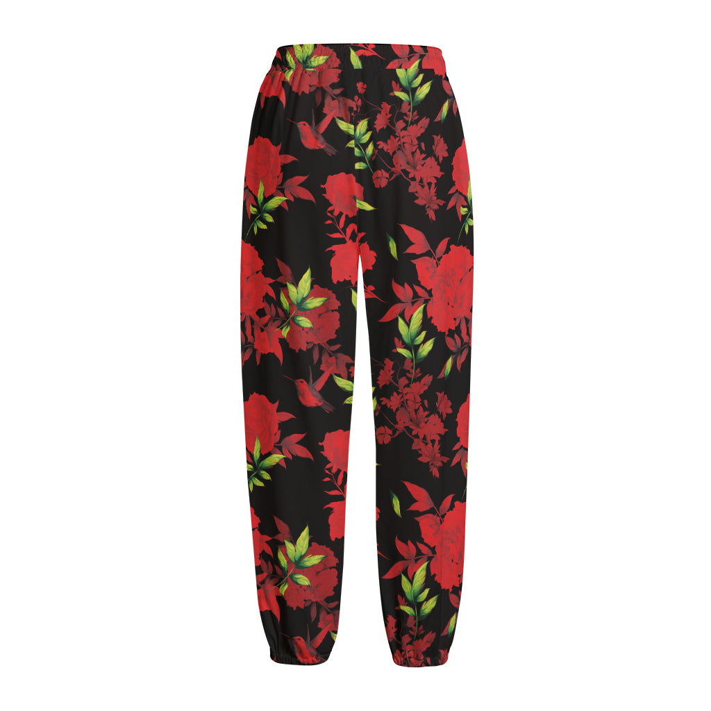 Black And Red Roses Floral Print Fleece Lined Knit Pants