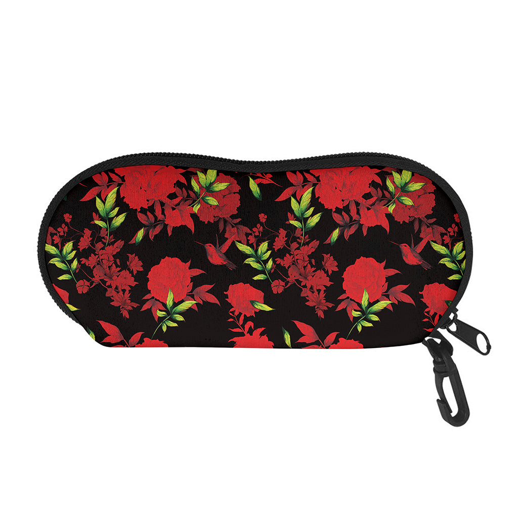 Black And Red Roses Floral Print Glasses Case