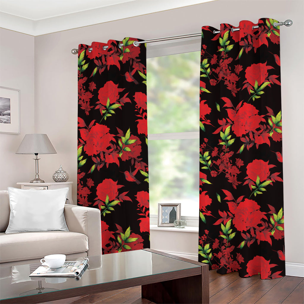 Black And Red Roses Floral Print Grommet Curtains