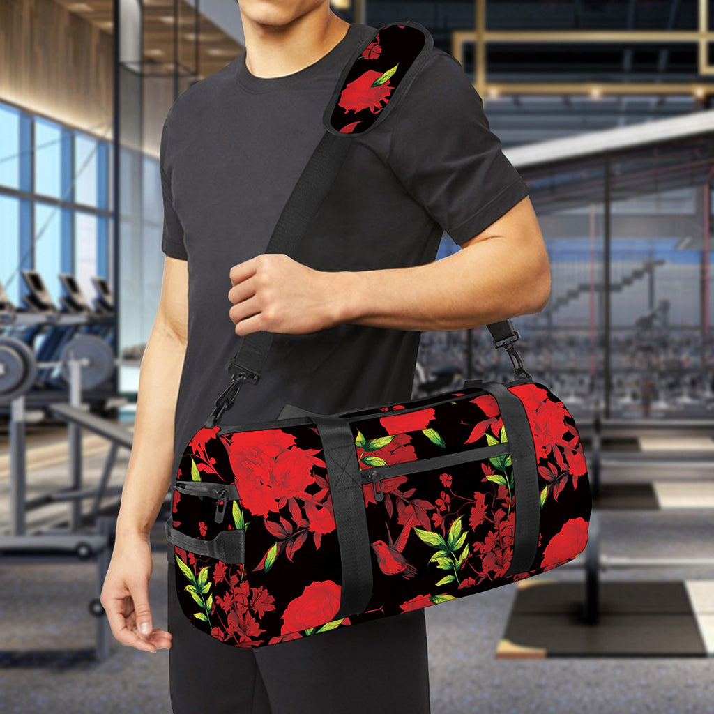 Black And Red Roses Floral Print Gym Bag