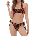 Black And Red Roses Floral Print Halter Scoop Tie Side Bikini