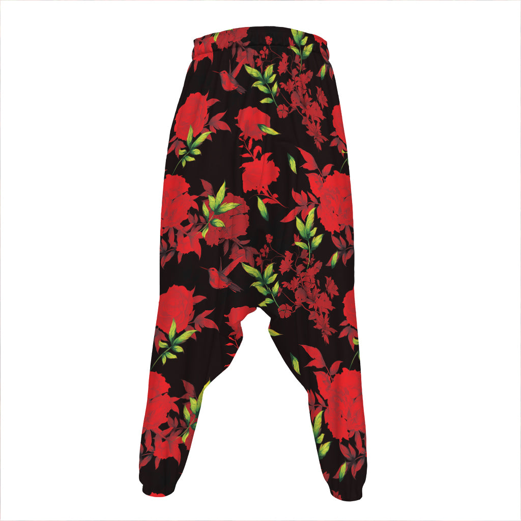 Black And Red Roses Floral Print Hammer Pants