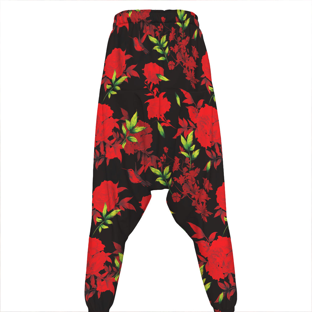 Black And Red Roses Floral Print Hammer Pants