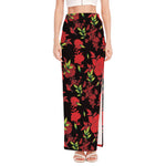 Black And Red Roses Floral Print High Slit Maxi Skirt