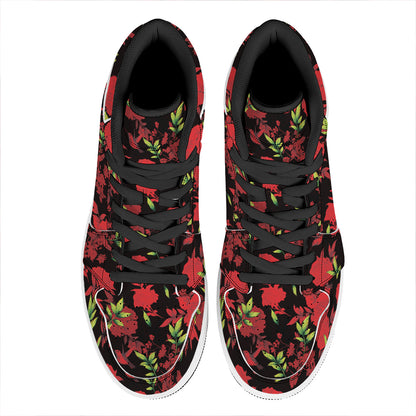 Black And Red Roses Floral Print High Top Leather Sneakers