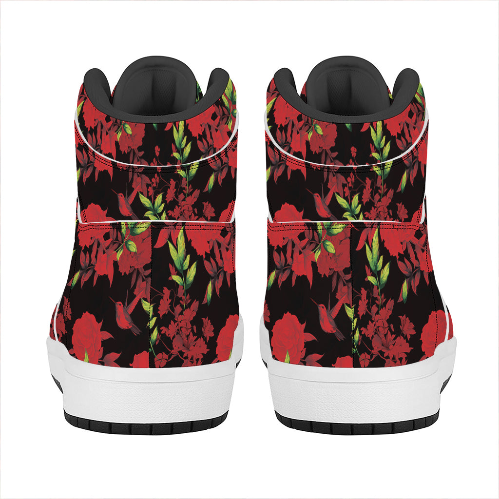 Black And Red Roses Floral Print High Top Leather Sneakers