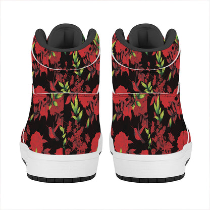 Black And Red Roses Floral Print High Top Leather Sneakers