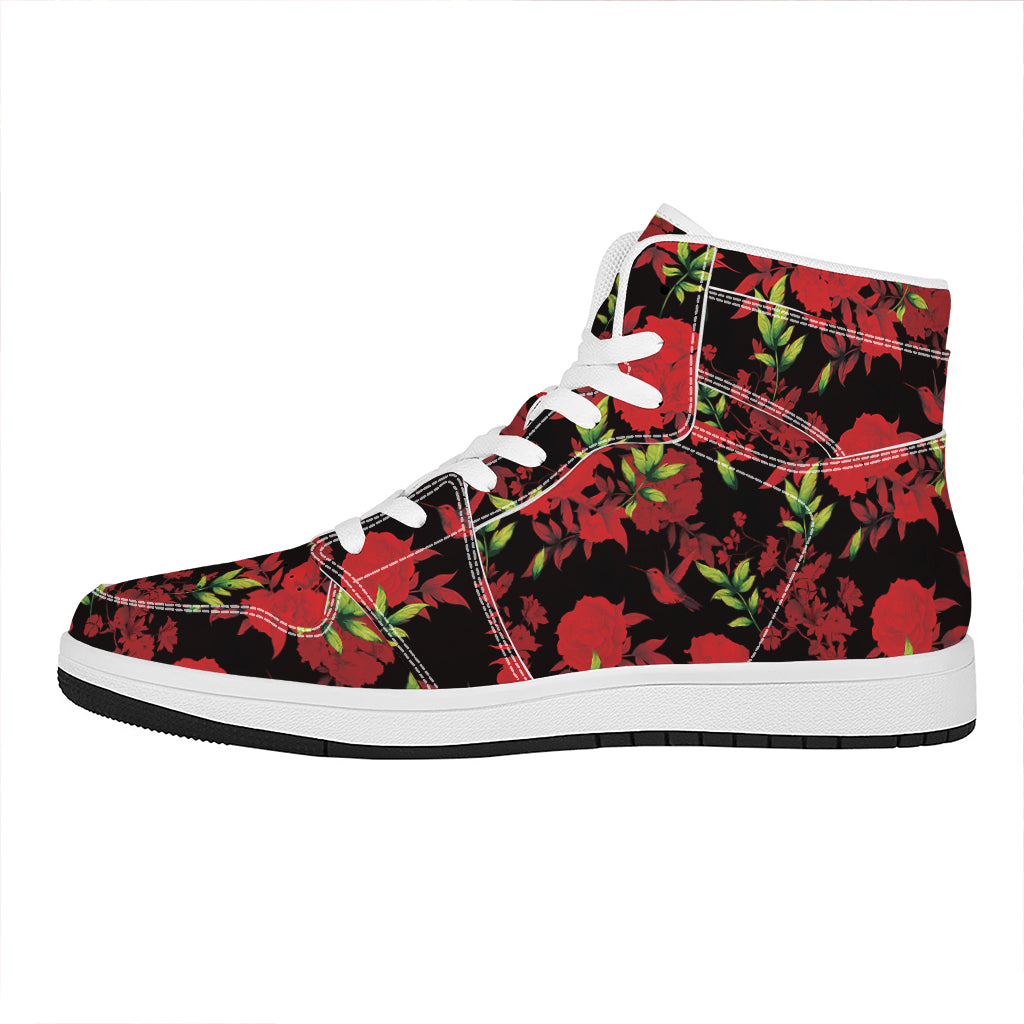 Black And Red Roses Floral Print High Top Leather Sneakers