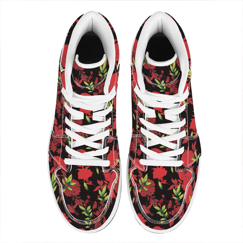 Black And Red Roses Floral Print High Top Leather Sneakers