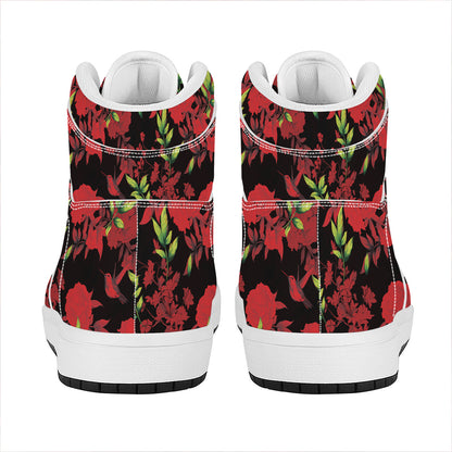 Black And Red Roses Floral Print High Top Leather Sneakers