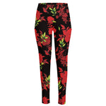Black And Red Roses Floral Print High-Waisted Pocket Leggings