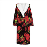 Black And Red Roses Floral Print Hooded Bathrobe