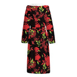 Black And Red Roses Floral Print Hooded Bathrobe