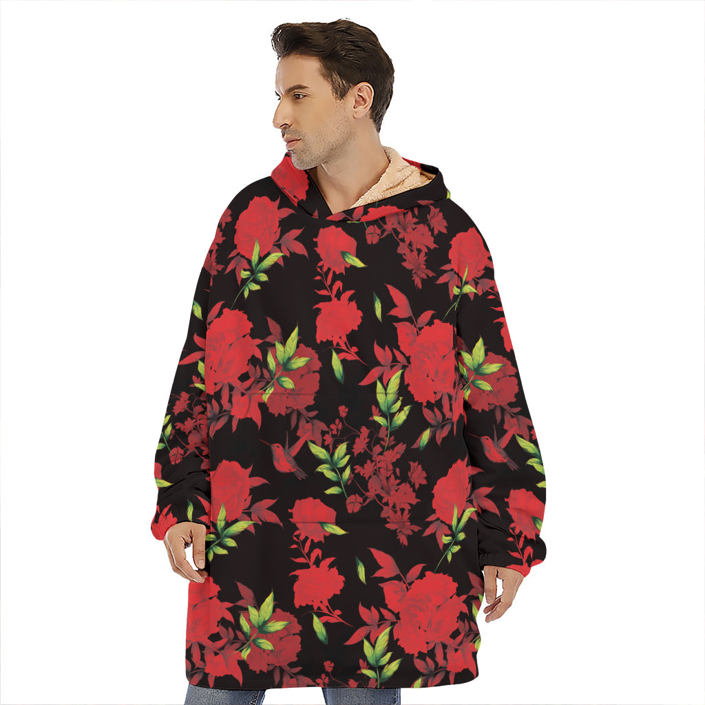 Black And Red Roses Floral Print Hoodie Blanket