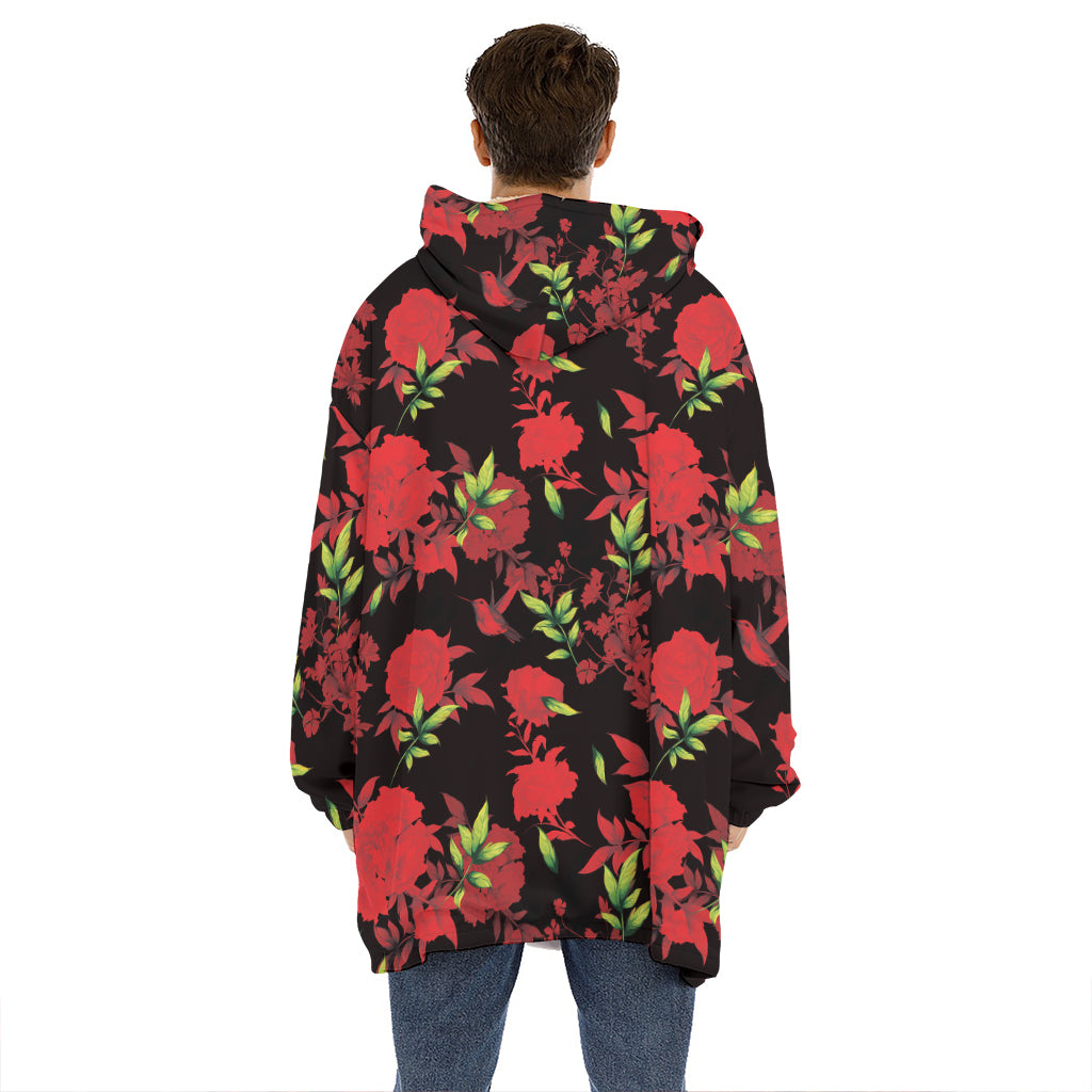 Black And Red Roses Floral Print Hoodie Blanket