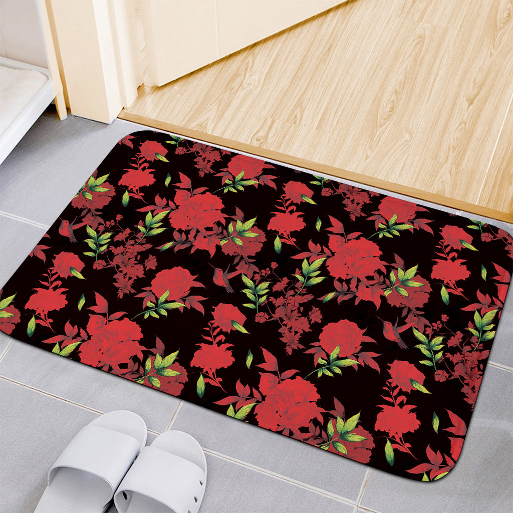 Black And Red Roses Floral Print Indoor Door Mat