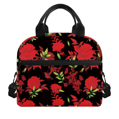 Black And Red Roses Floral Print Insulated Lunch Bag