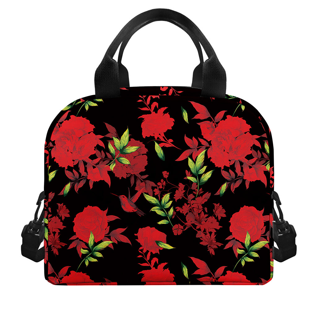 Black And Red Roses Floral Print Insulated Lunch Bag
