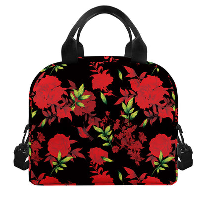 Black And Red Roses Floral Print Insulated Lunch Bag
