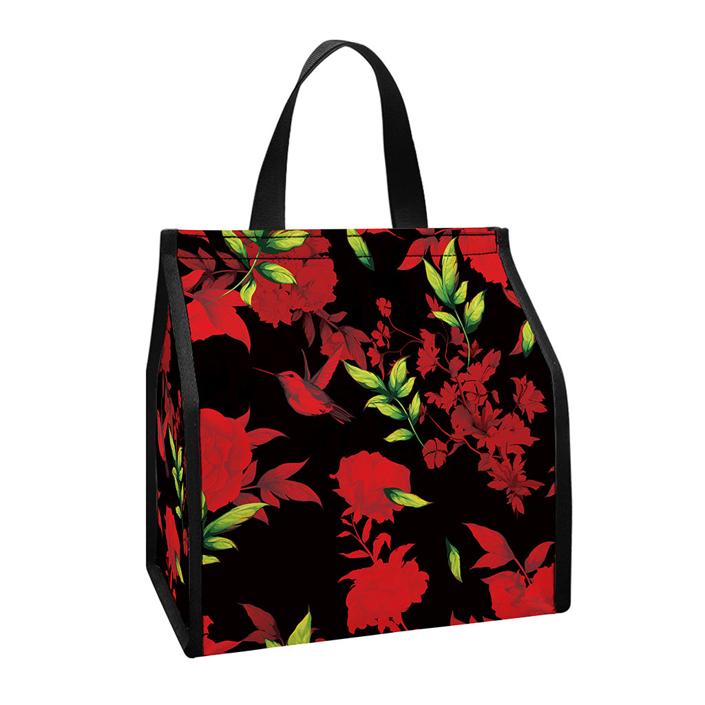 Black And Red Roses Floral Print Insulated Lunch Tote