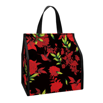 Black And Red Roses Floral Print Insulated Lunch Tote